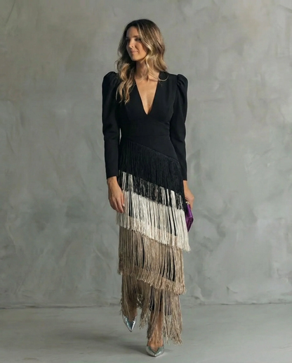 ABITO MIDI ELEGANTE CON MANICHE A FRANGE
