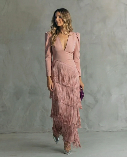 ABITO MIDI ELEGANTE CON MANICHE A FRANGE